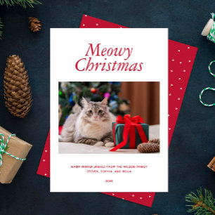 Red "Meowy Christmas" Personalised Photo Holiday Card