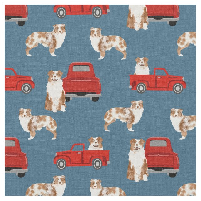 Red Merle Aussie and red truck blue Fabric (Close Up)