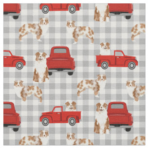 Red Merle Aussie and red truck Fabric