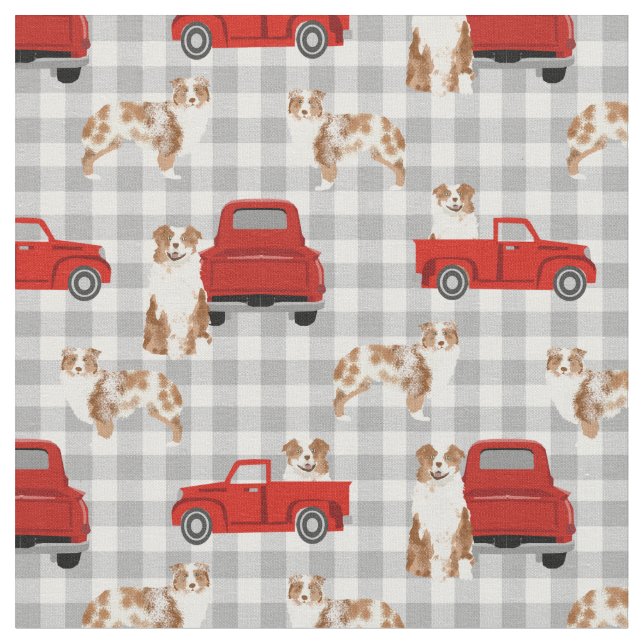 Red Merle Aussie and red truck Fabric (Close Up)