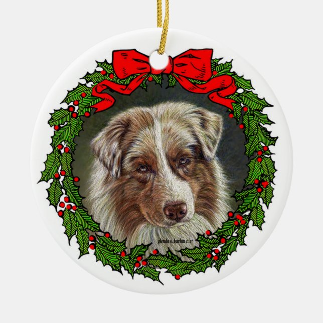 Red Merle Aussie Dog Art by Glenda S. Harlan Ceramic Ornament (Front)
