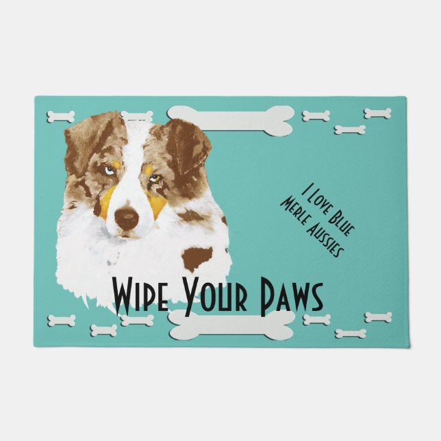 Red Merle Aussie & Dog Bones Large Doormat (Front)