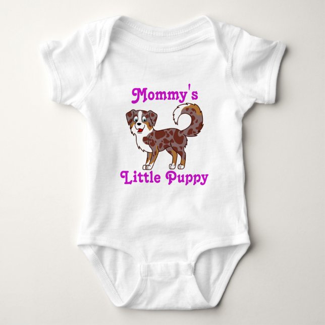 Red Merle Australian Shepherd with Pink Text Baby Bodysuit (Front)