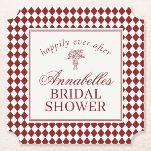 Red Merlot Harlequin Checkered Bridal Shower Paper Coaster