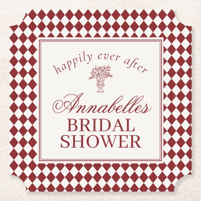 Red Merlot Harlequin Checkered Bridal Shower Paper Coaster (Front)