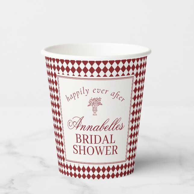 Red Merlot Harlequin Checkered Bridal Shower Paper Cups (Front)