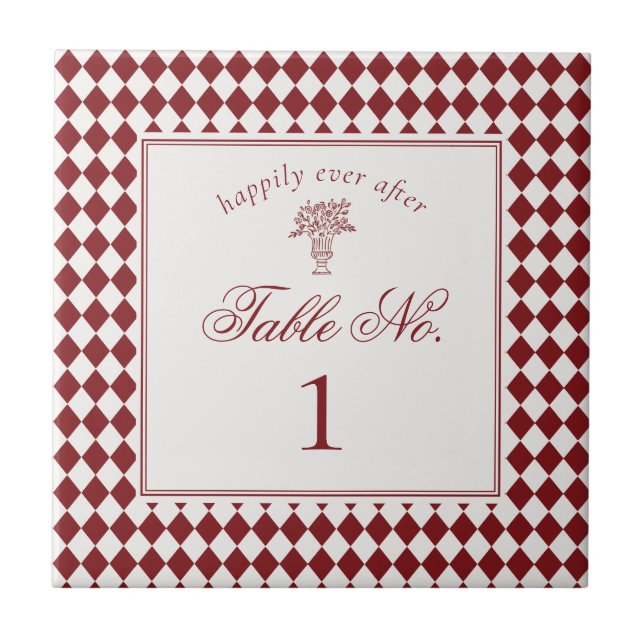 Red Merlot Harlequin Chequered Wedding Table Numbe Ceramic Tile (Front)