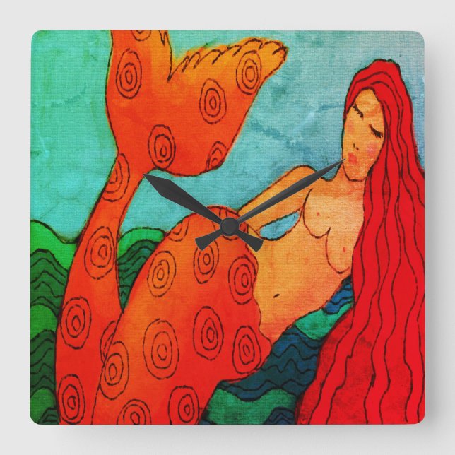 Red Mermaid Abstract Art Square Wall Clock (Front)