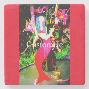 red mermaid beauty partying stone coaster
