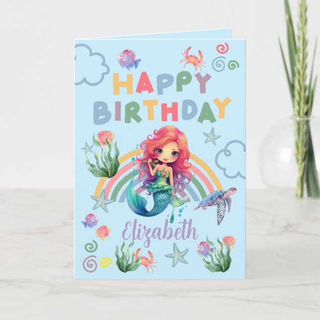 Red Mermaid Birthday Card in Blue (Front)