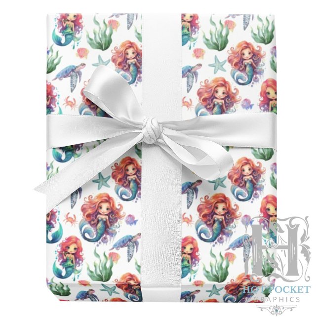 Red Mermaid Birthday Gift Wrap in White (Creator Uploaded)