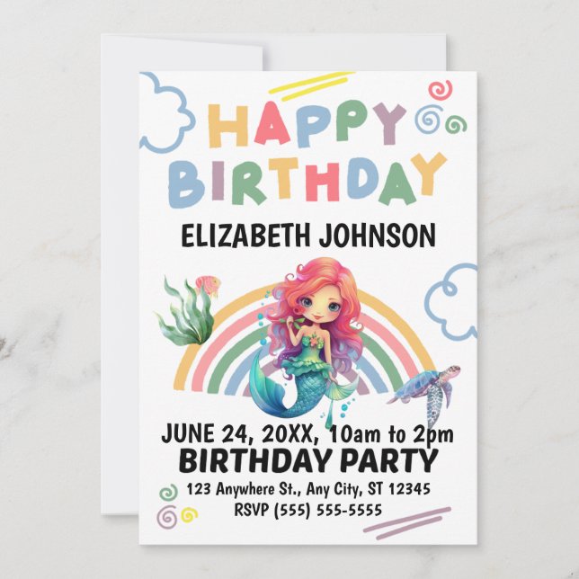 Red Mermaid Birthday Invitation (Front)