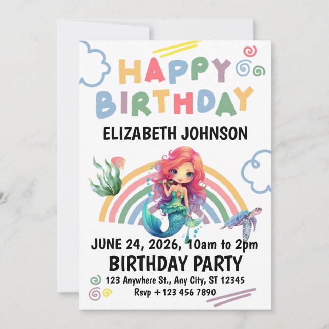 Red Mermaid Birthday Invitation in White (Front)