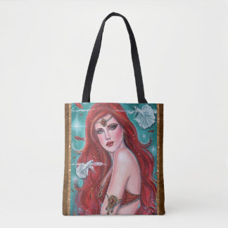 Red Mermaid fantasy art tote bag by Renee