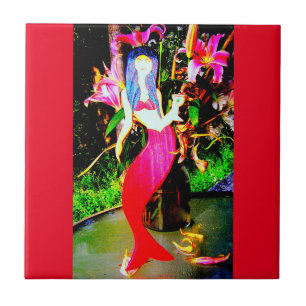 red mermaid partying ceramic tile