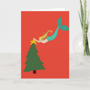 Red Mermaid Placing Star On Tree Greeting Cards