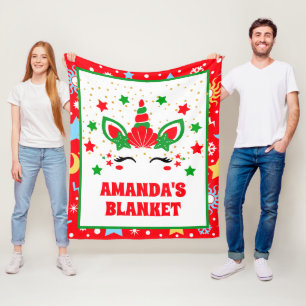 Red Mermaid Unicorn Christmas Personalised Kids  Fleece Blanket