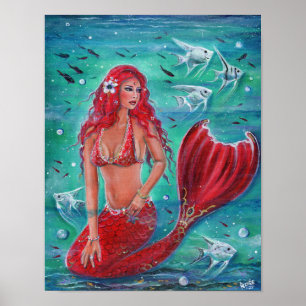 Red Mermaid "Vivian" ocean tropical fish fantasy  Poster