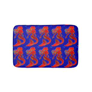 red mermaids on blue pattern bath mat