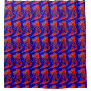red mermaids on blue shower curtain