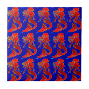 red mermaids on blue tile