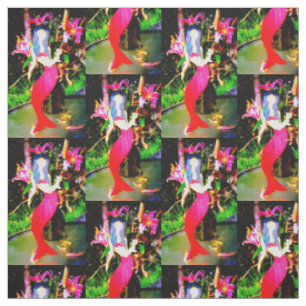 red mermaids partying fabric