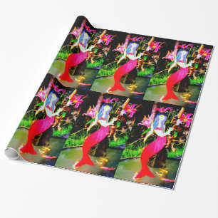 red mermaids partying wrapping paper