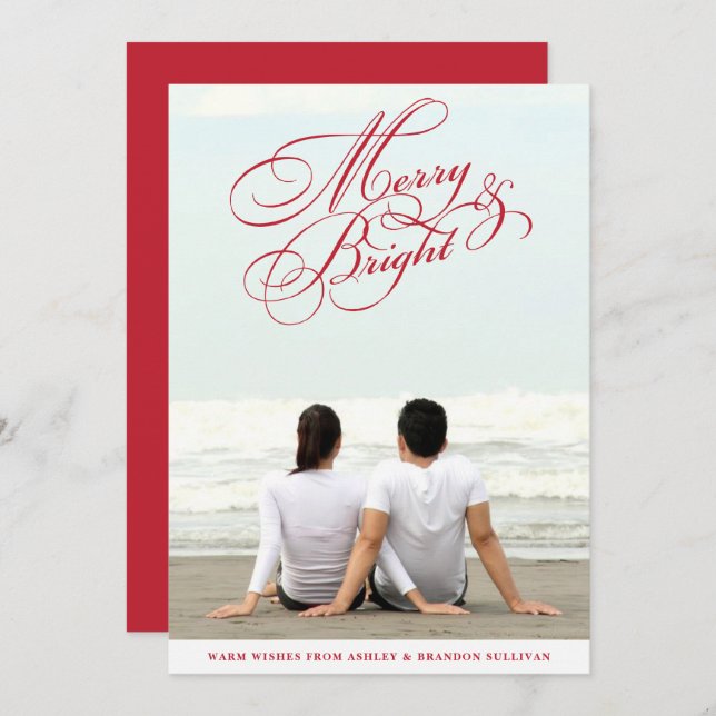 Red Merry and Bright Calligraphy Christmas Photo Holiday Card (Front/Back)