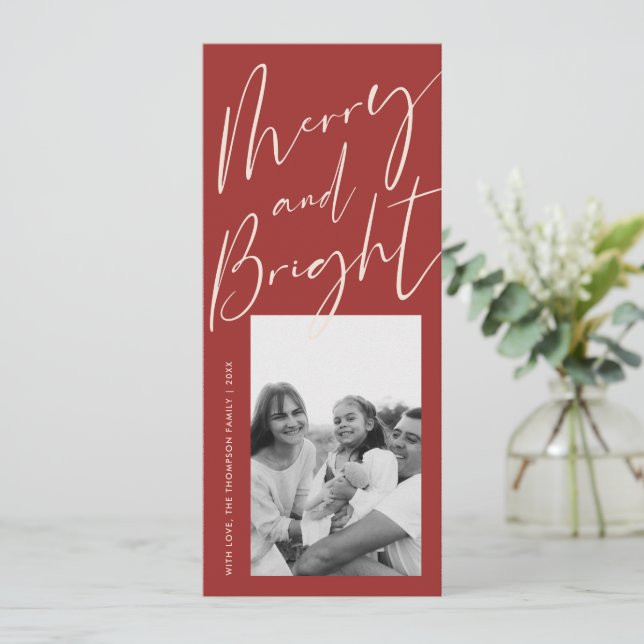 Red Merry and Bright Script 1 Photo Holiday Card (Standing Front)