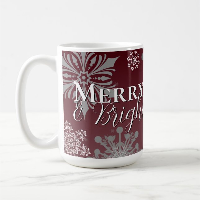 Red Merry and Bright Snowflakes Christmas Coffee Mug (Left)