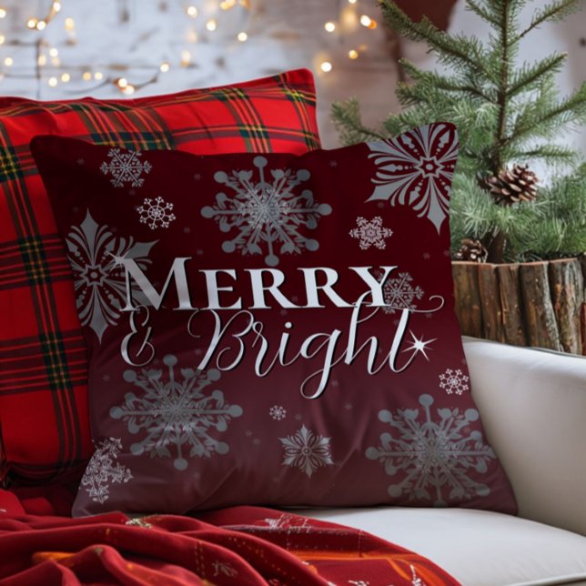 Red Merry and Bright Snowflakes Christmas Cushion (Red Merry and Bright Snowflakes Christmas Throw Pillow)