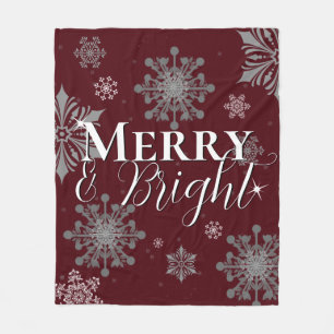 Red Merry and Bright Snowflakes Christmas Fleece Blanket