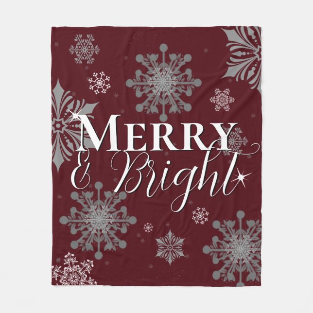 Red Merry and Bright Snowflakes Christmas Fleece Blanket (Front)