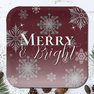 Red Merry and Bright Snowflakes Christmas Paper Plate