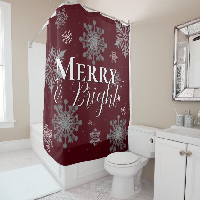 Red Merry and Bright Snowflakes Christmas Shower Curtain (In Situ)