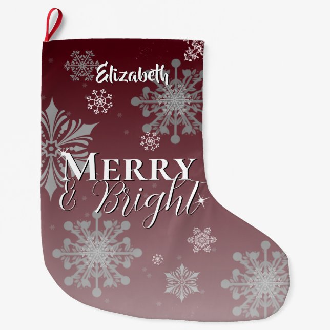 Red Merry and Bright Snowflakes Large Christmas Stocking (Front)