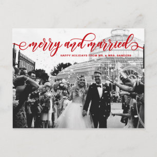 Red Merry and Married Calligraphy Wedding Holiday Postcard