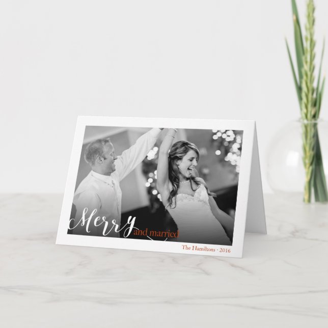 Red Merry and Married Newlyweds Photo Christmas Holiday Card (Front)