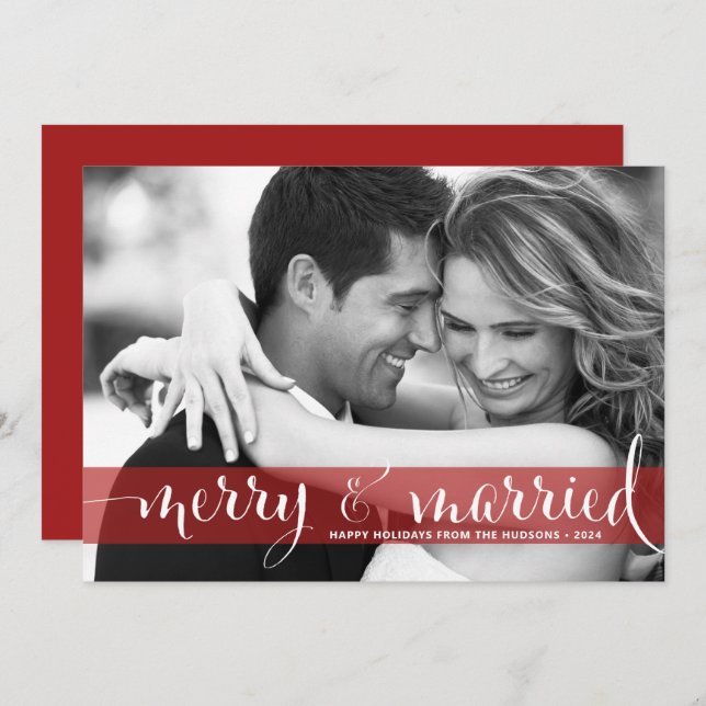Red Merry and Married Newlyweds Photo Christmas Holiday Card (Front/Back)