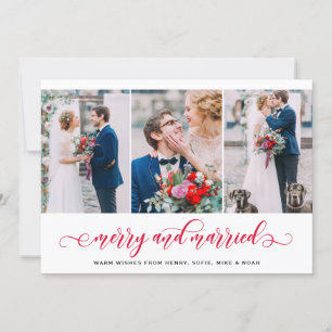 Red Merry and Married Three Photo Collage Holiday Card