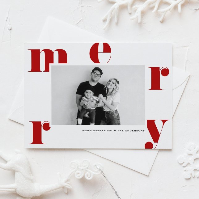 Red MERRY Bold Typography Modern Photo Christmas Holiday Postcard (Creator Uploaded)