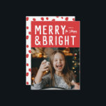 Red Merry & Bright Bold Typography Christmas Photo Holiday Card<br><div class="desc">Send on trend this year with this fresh new holiday photo card featuring modern typography with your photo below. The back features a pattern and a spot for an additional photo and sentiment. This card is completely customisable including fonts and colours.</div>