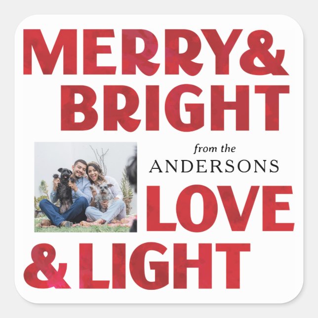 Red Merry Bright Love and Light Christmas Holiday Square Sticker (Front)