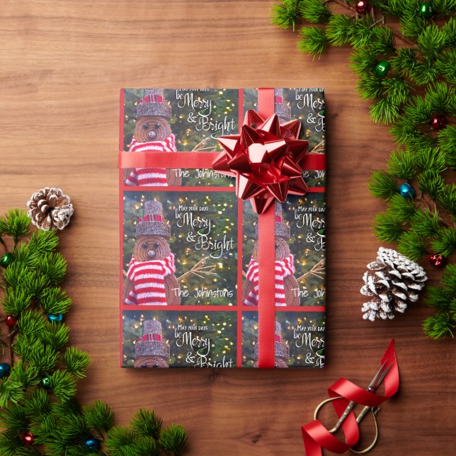 Red Merry Bright Rustic Snowman Name Cute Pattern Wrapping Paper (Holiday Gift)