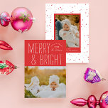 Red Merry & Bright Typographic Christmas Photo Holiday Card<br><div class="desc">Send on trend this year with this fresh new holiday photo card featuring modern typography with your photo below. The back features a snowfall pattern and a spot for an additional photo and sentiment. This card is completely customisable including fonts and colours.</div>
