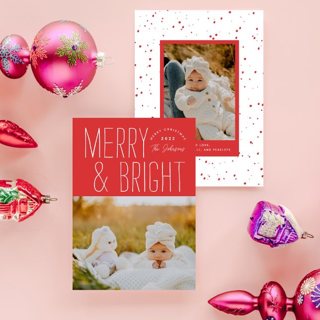 Red Merry & Bright Typographic Christmas Photo Holiday Card (Creator Uploaded)