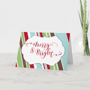 Red Merry & Bright Typography w/ Diagonal Stripes Holiday Card