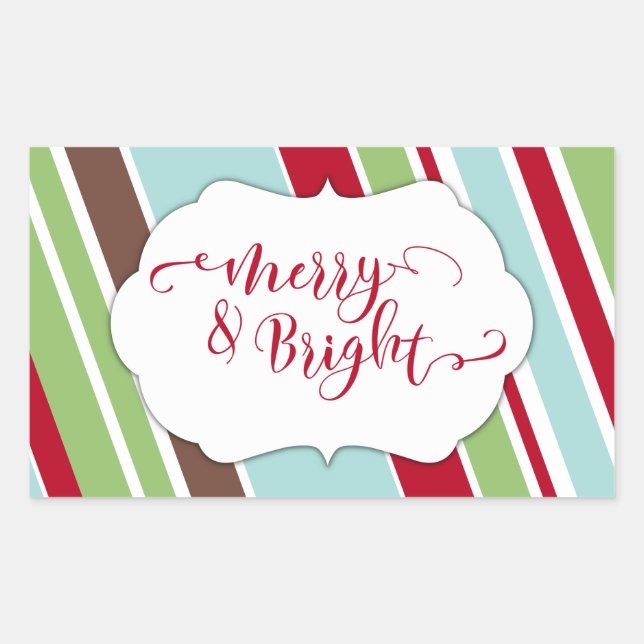 Red Merry & Bright Typography w/ Diagonal Stripes Rectangular Sticker (Front)