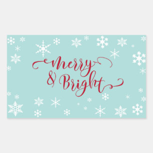 Red Merry & Bright w/ White Snowflakes on Blue Rectangular Sticker