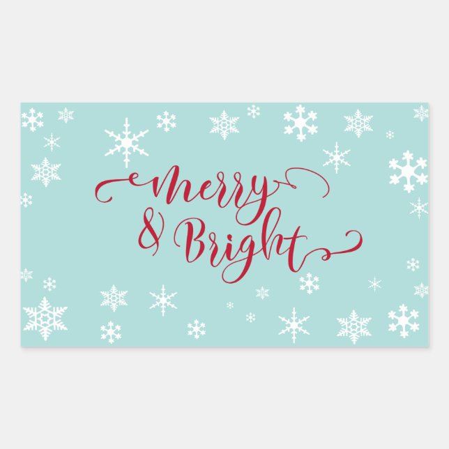 Red Merry & Bright w/ White Snowflakes on Blue Rectangular Sticker (Front)